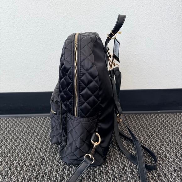 Bebe Women's Black Quilted Backpack Purse Bag Gold Hardware Buckle Straps NEW - Picture 3 of 15